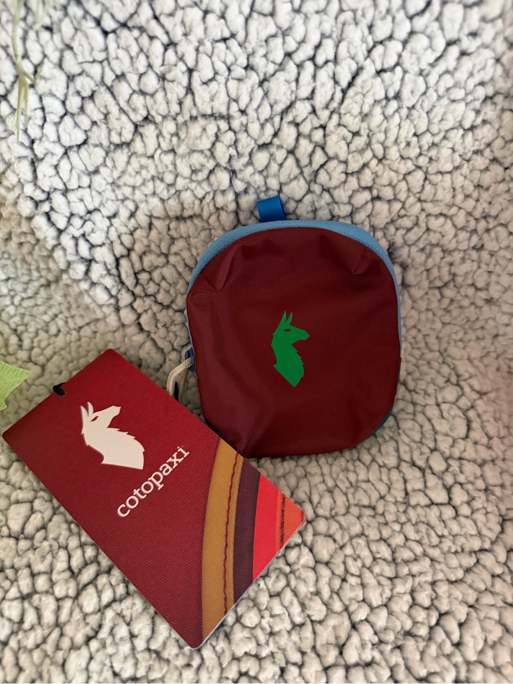 cotopaxi Maroon Mini Pouch with Blue Trim and Green Llama Logo